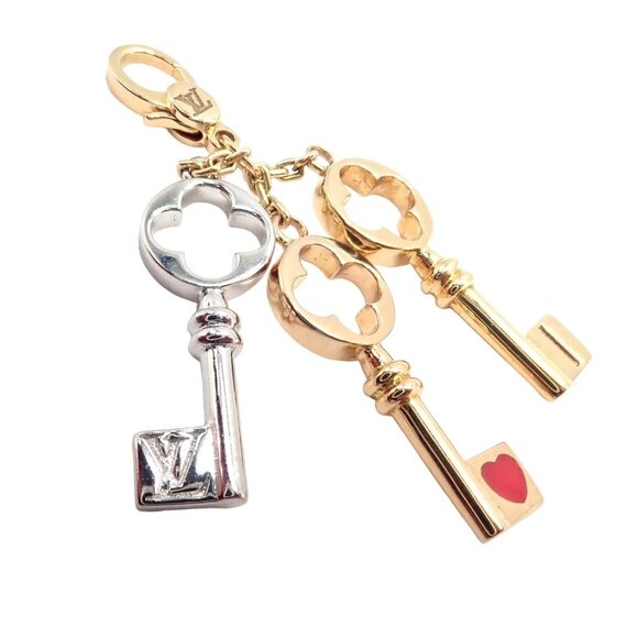 Rare! Louis Vuitton LV 18k Tri Color Gold Enamel Heart Three Keys Charm Pendant - Picture 1 of 8